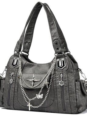 Y2K Gothic Tote Bag, Vintage Punk Shoulder Bag with Chains, Multi-Pocket Crossbo